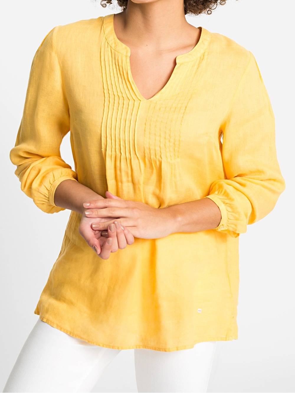 Olsen Linen Yellow Pintuck V-Neck LS Blouse - See photos for measurements